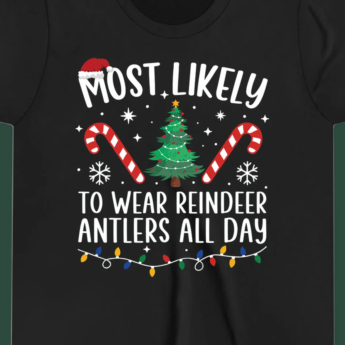 Text "Most Likely To Wear Reindeer Antlers All Day" with Christmas graphics like a tree, candy canes, and Santa hat.