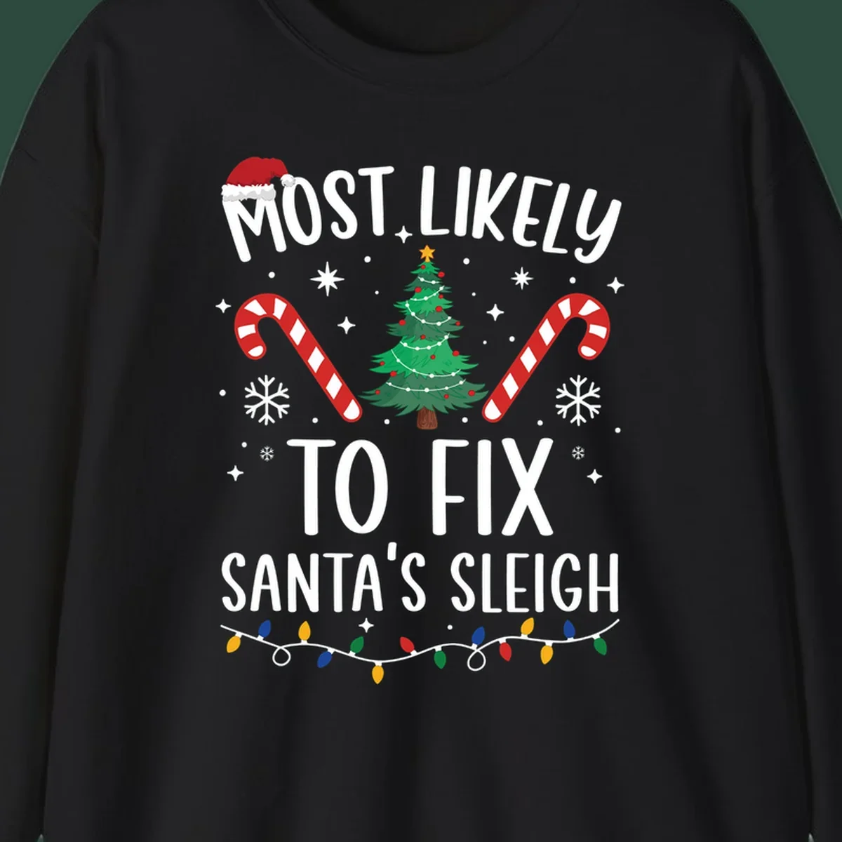 Most Likely To Fix Santa's Sleigh Christmas design with text, tree, candy canes, and lights.