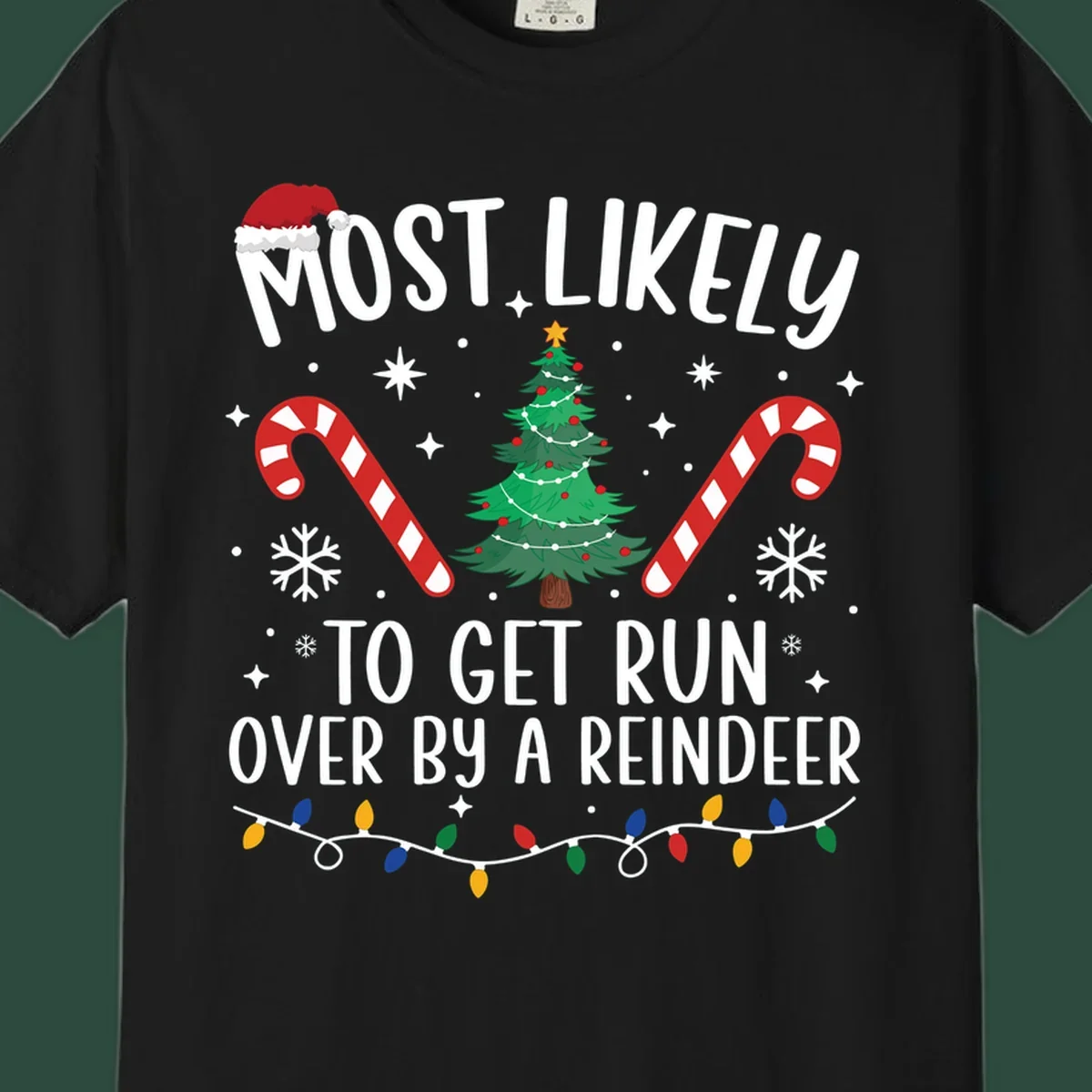 Most likely to get run over by reindeer Christmas design with tree, candy canes, and lights.
