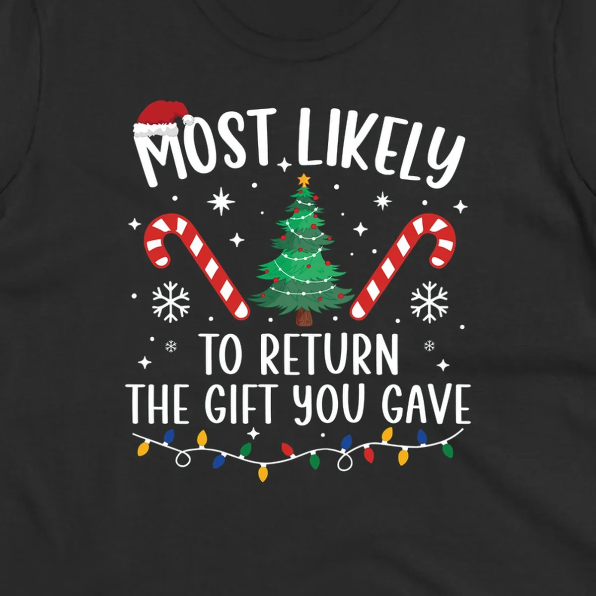 Most Likely To Return The Gift You Gave funny Christmas design with tree and candy canes.