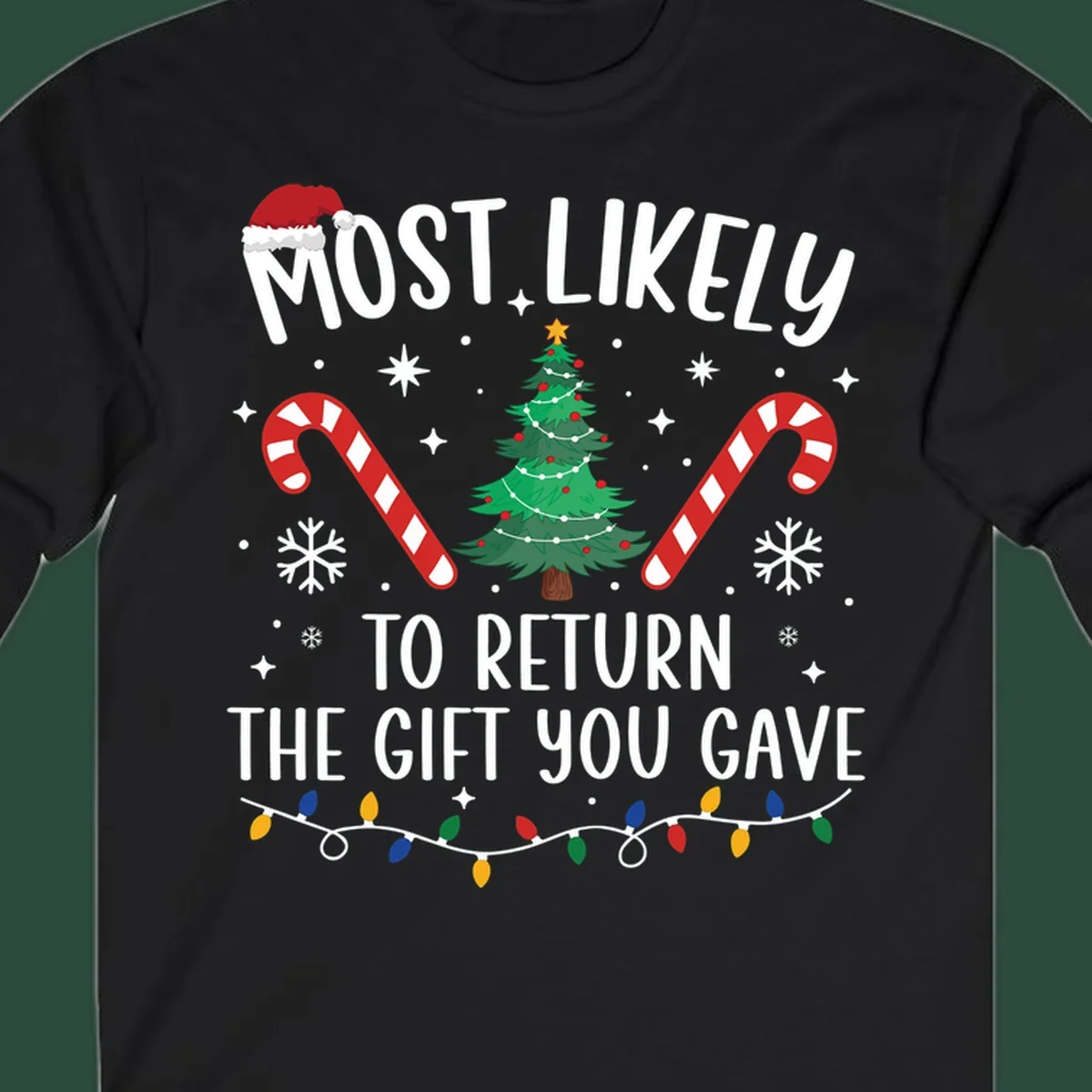 Most Likely To Return The Gift You Gave funny Christmas design with tree and candy canes.