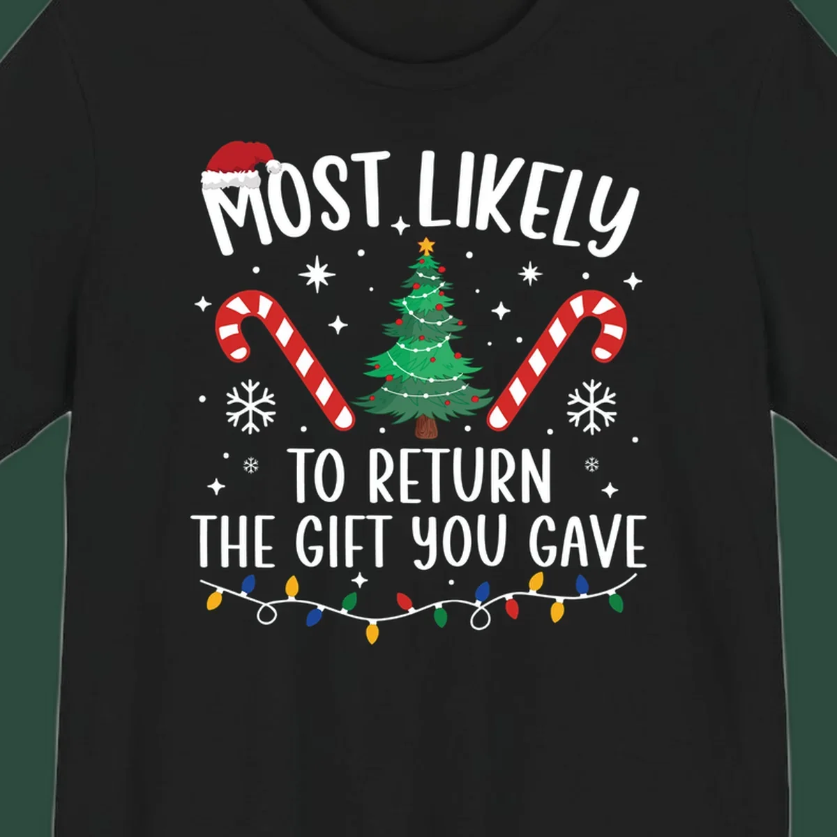 Most Likely To Return The Gift You Gave funny Christmas design with tree and candy canes.