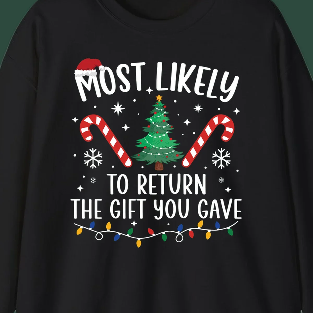 Most Likely To Return The Gift You Gave funny Christmas design with tree and candy canes.