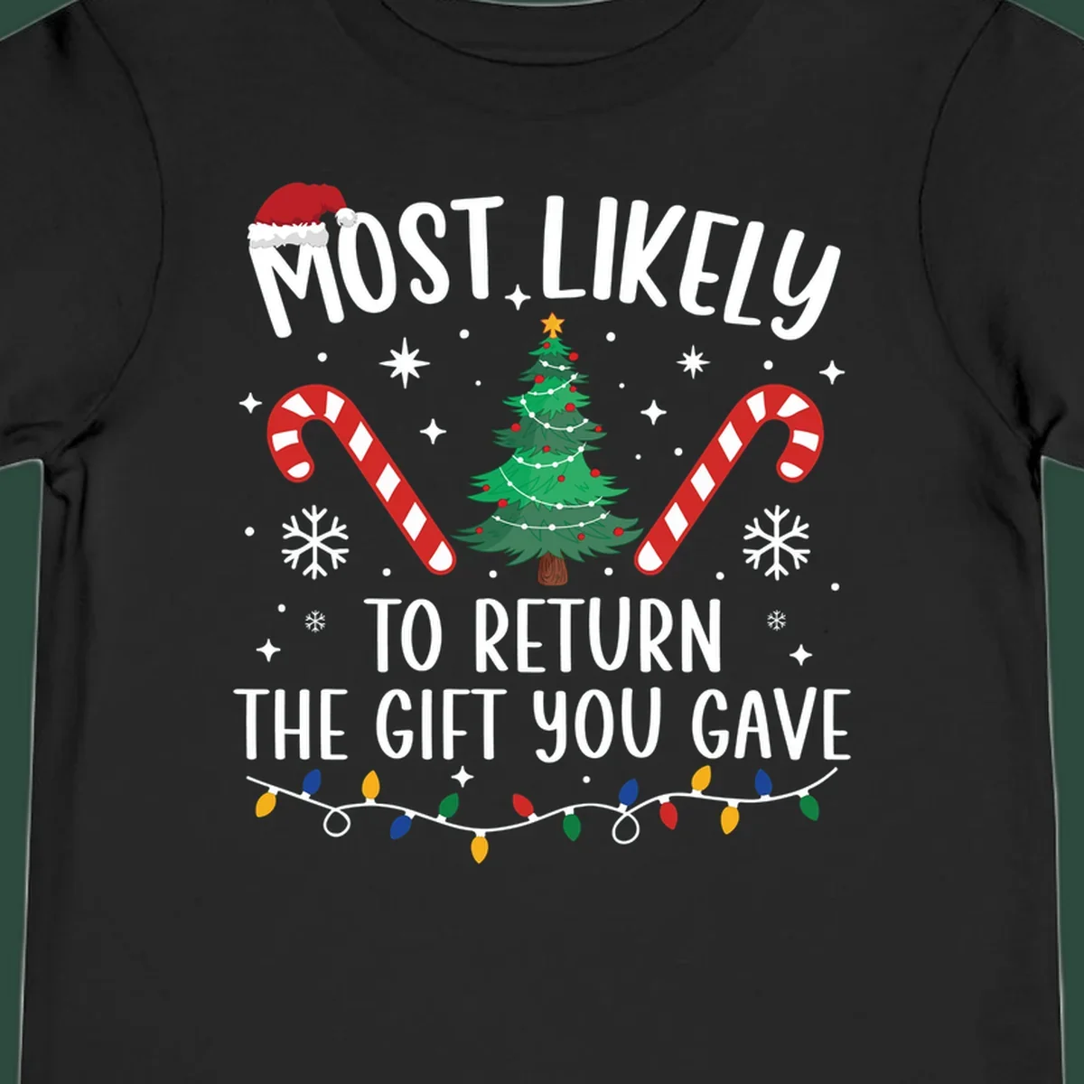 Most Likely To Return The Gift You Gave funny Christmas design with tree and candy canes.