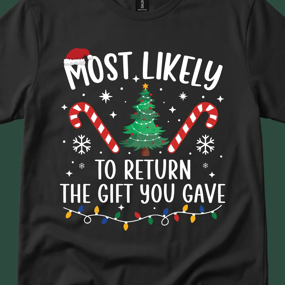 Most Likely To Return The Gift You Gave funny Christmas design with tree and candy canes.