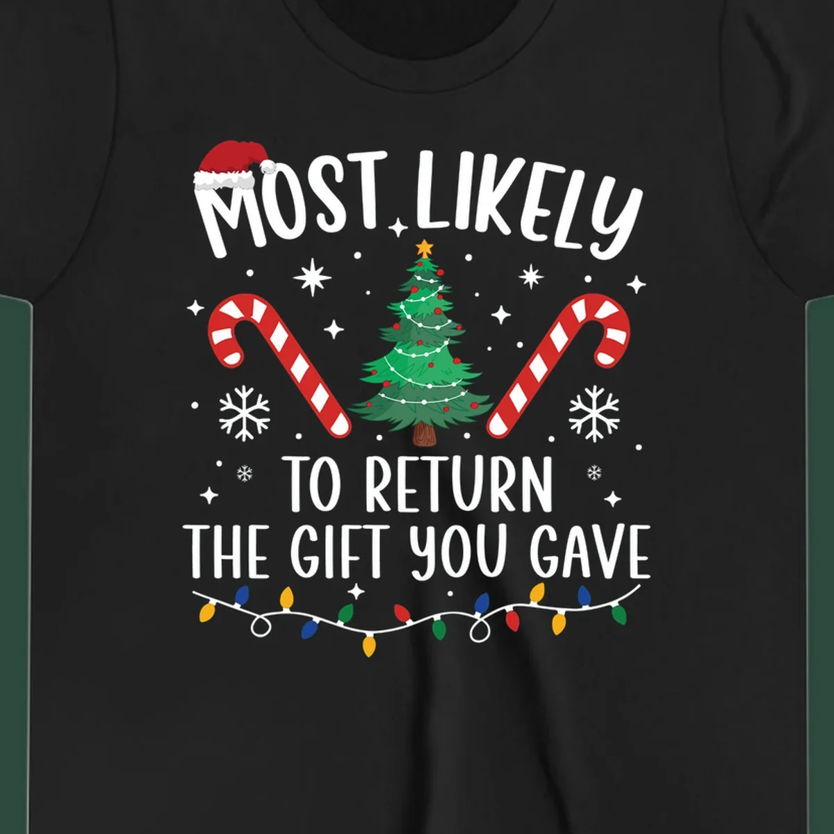 Most Likely To Return The Gift You Gave funny Christmas design with tree and candy canes.