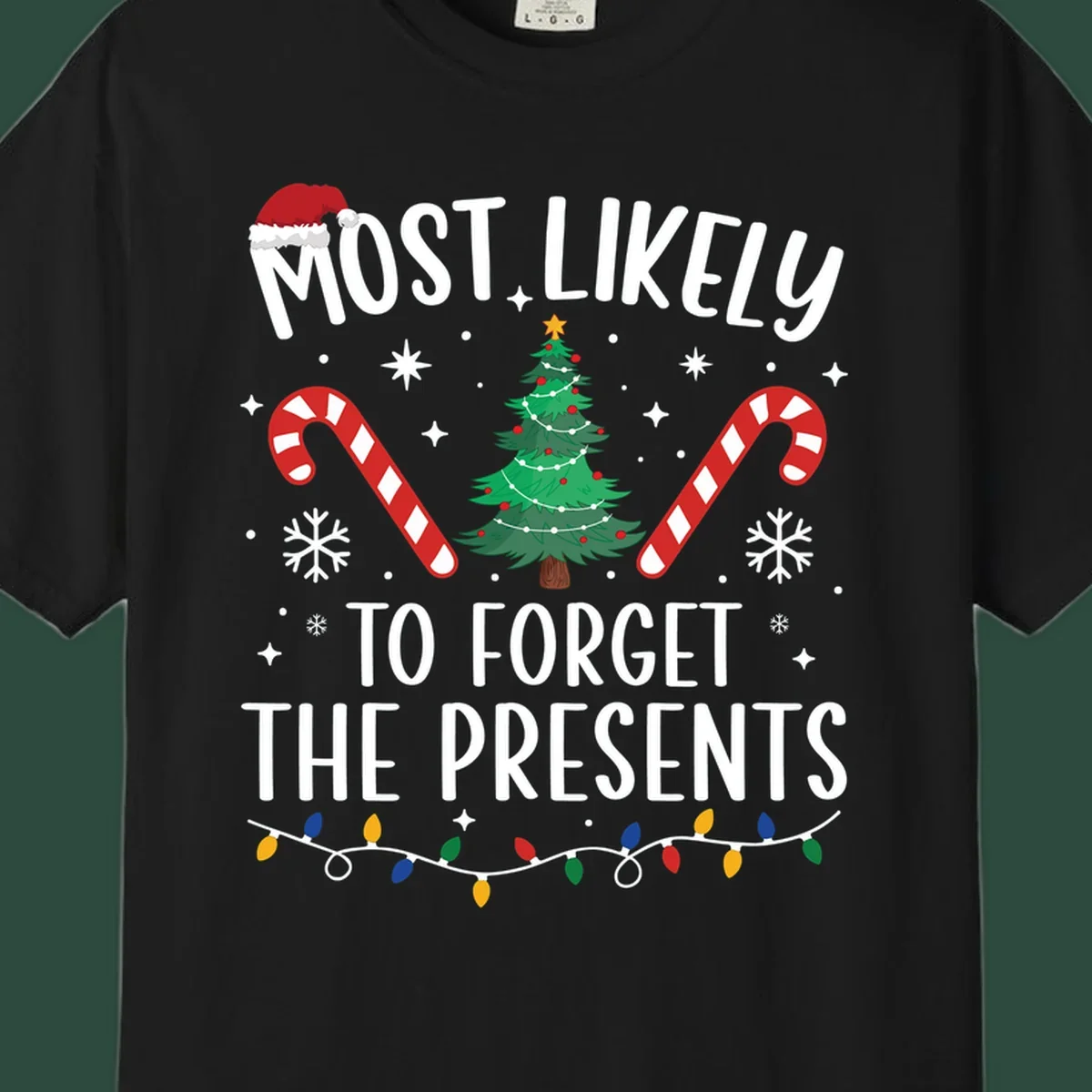 Most likely to forget the presents Christmas design with text, tree, candy canes, and Santa hat.