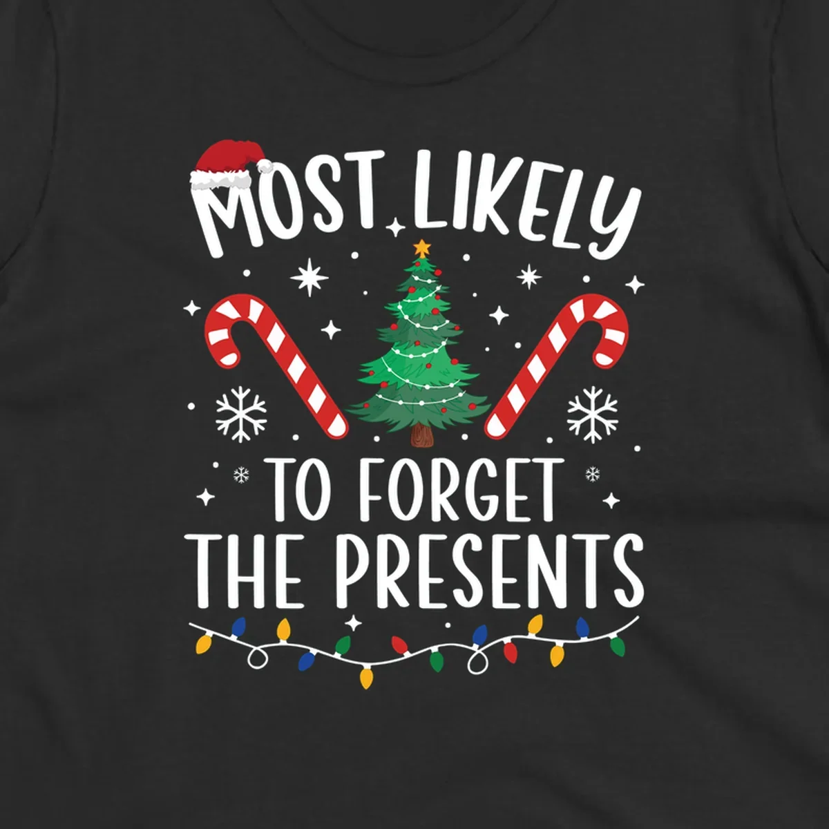 Most likely to forget the presents Christmas design with text, tree, candy canes, and Santa hat.