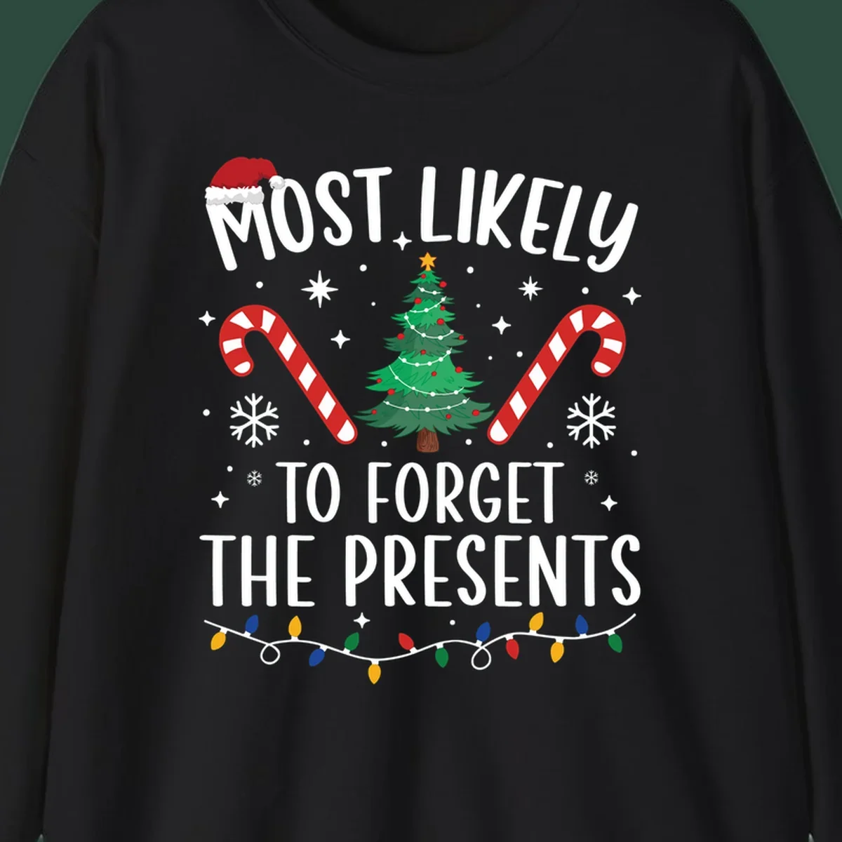 Most likely to forget the presents Christmas design with text, tree, candy canes, and Santa hat.