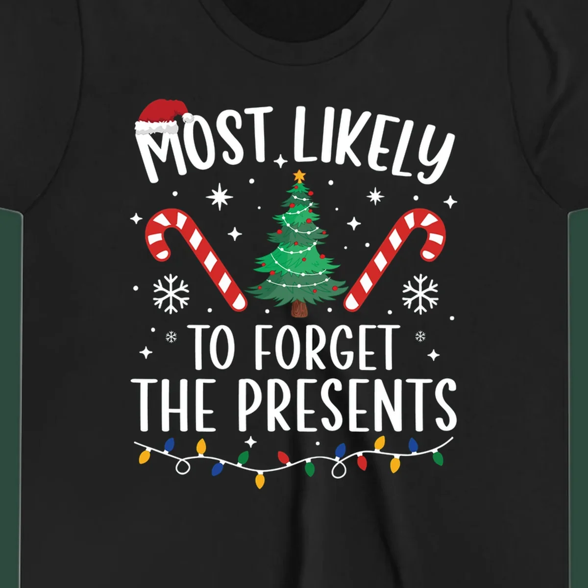 Most likely to forget the presents Christmas design with text, tree, candy canes, and Santa hat.