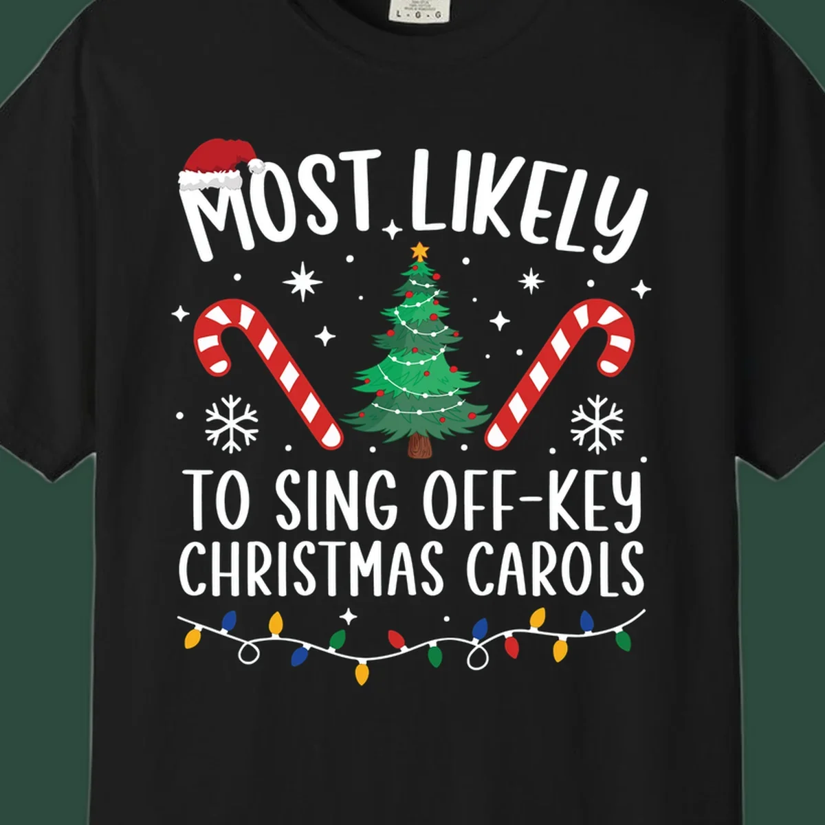 Most Likely To Sing Off-Key Christmas Carols text and holiday graphics