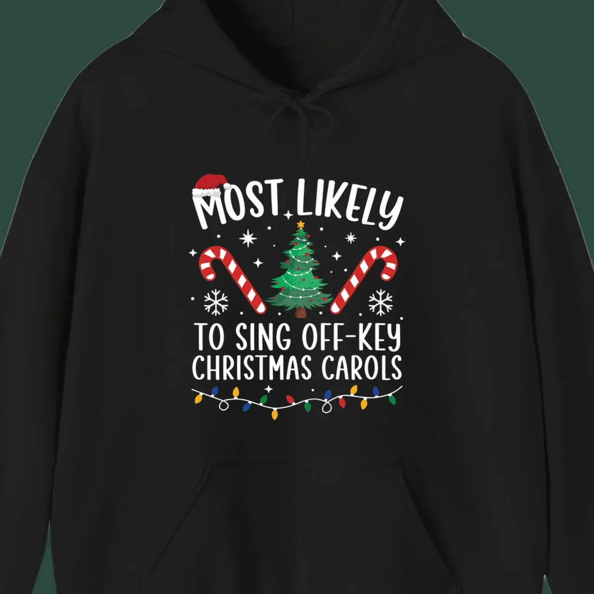 Most Likely To Sing Off-Key Christmas Carols text and holiday graphics