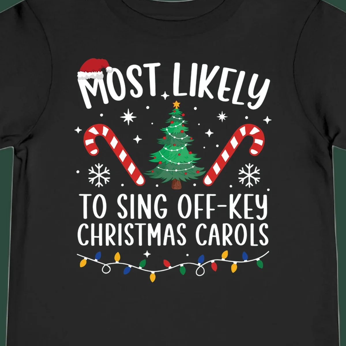Most Likely To Sing Off-Key Christmas Carols text and holiday graphics