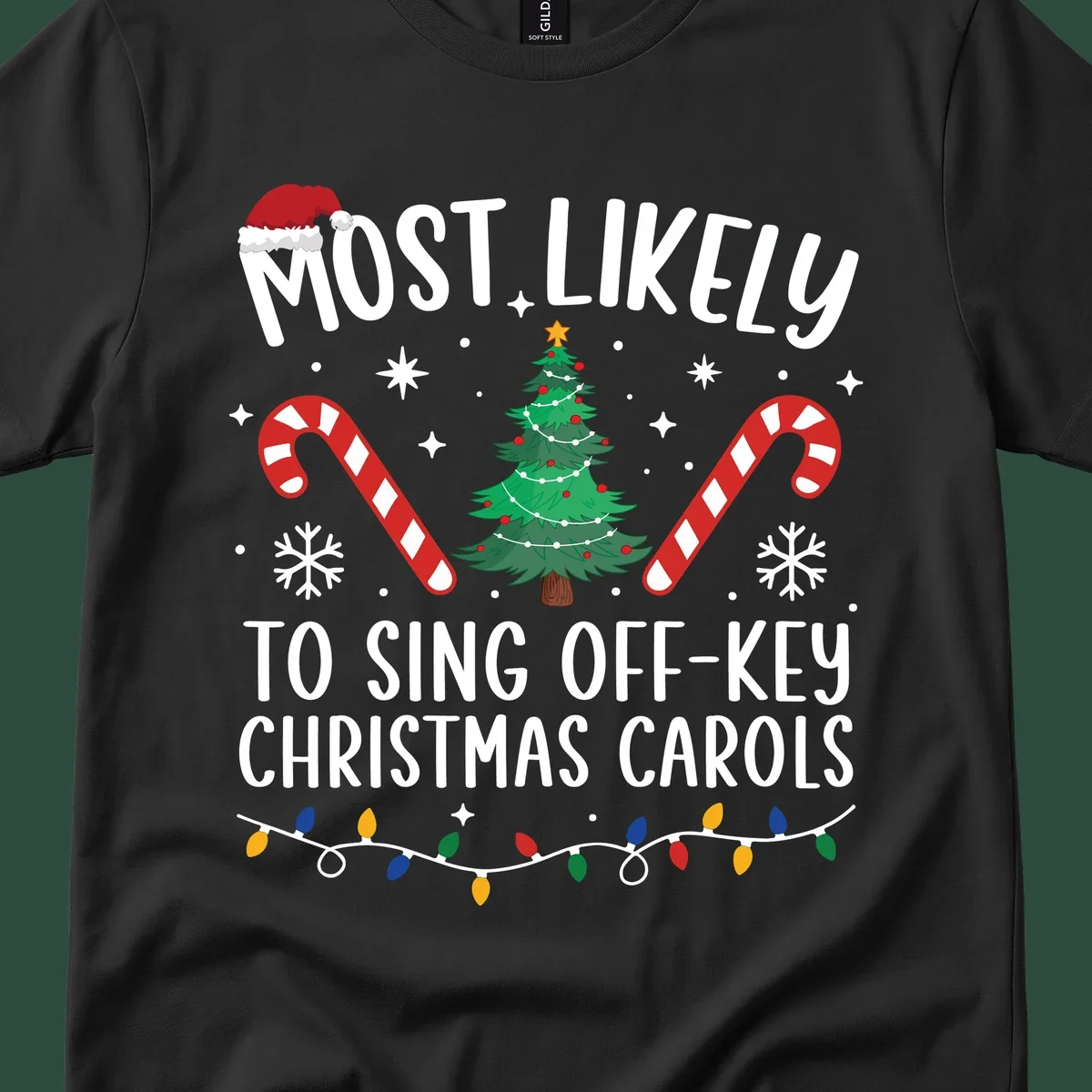 Most Likely To Sing Off-Key Christmas Carols text and holiday graphics