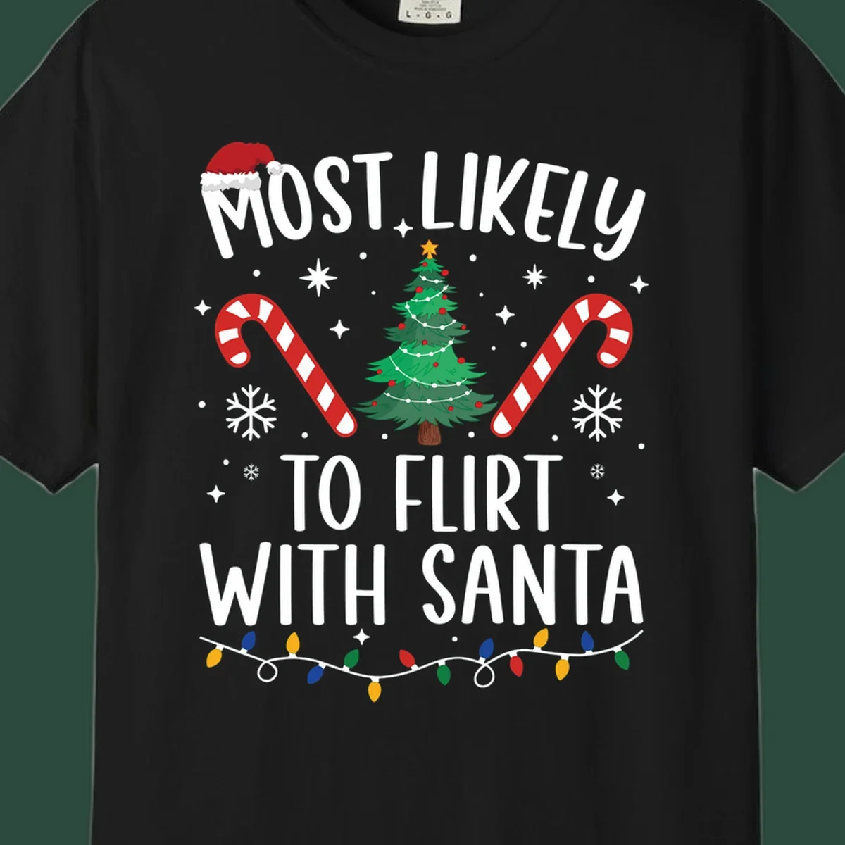 Most Likely To Flirt With Santa funny Christmas graphic with text, tree, and candy canes.