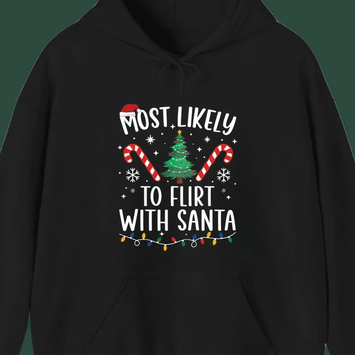 Most Likely To Flirt With Santa funny Christmas graphic with text, tree, and candy canes.
