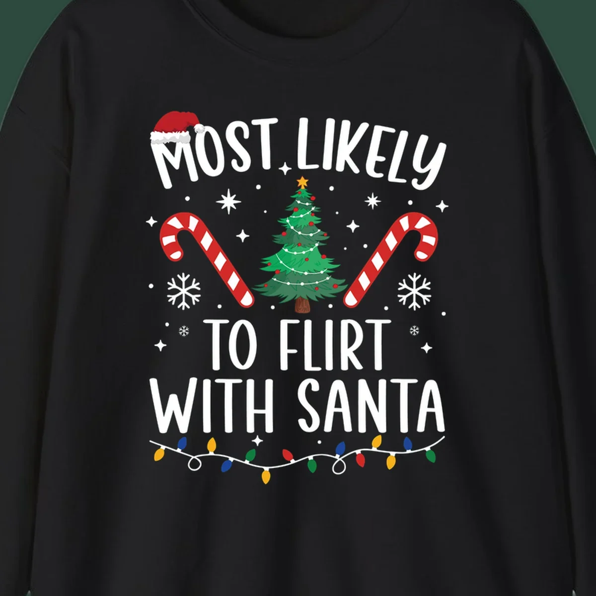 Most Likely To Flirt With Santa funny Christmas graphic with text, tree, and candy canes.