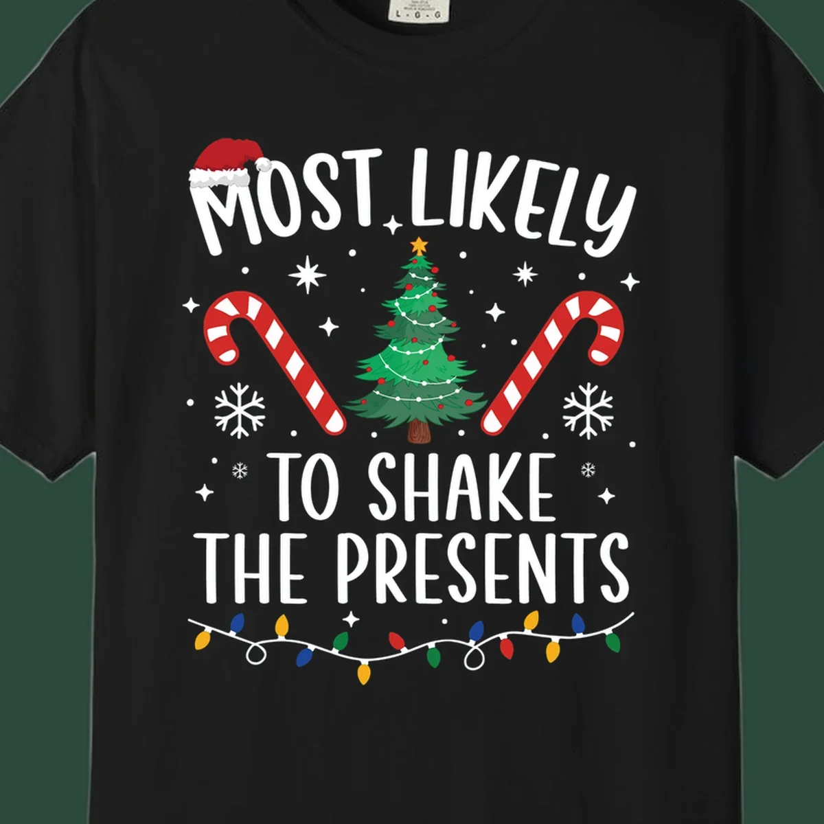 Christmas design with text "Most Likely To Shake The Presents", Santa hat, candy canes, tree, snowflakes, and lights.
