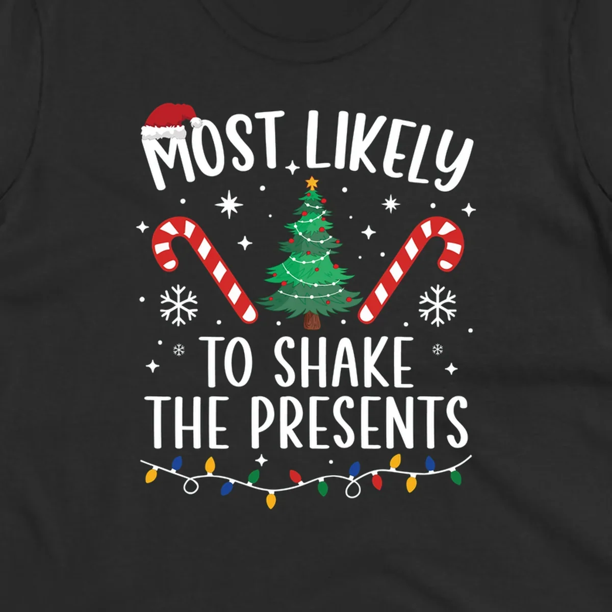 Christmas design with text "Most Likely To Shake The Presents", Santa hat, candy canes, tree, snowflakes, and lights.