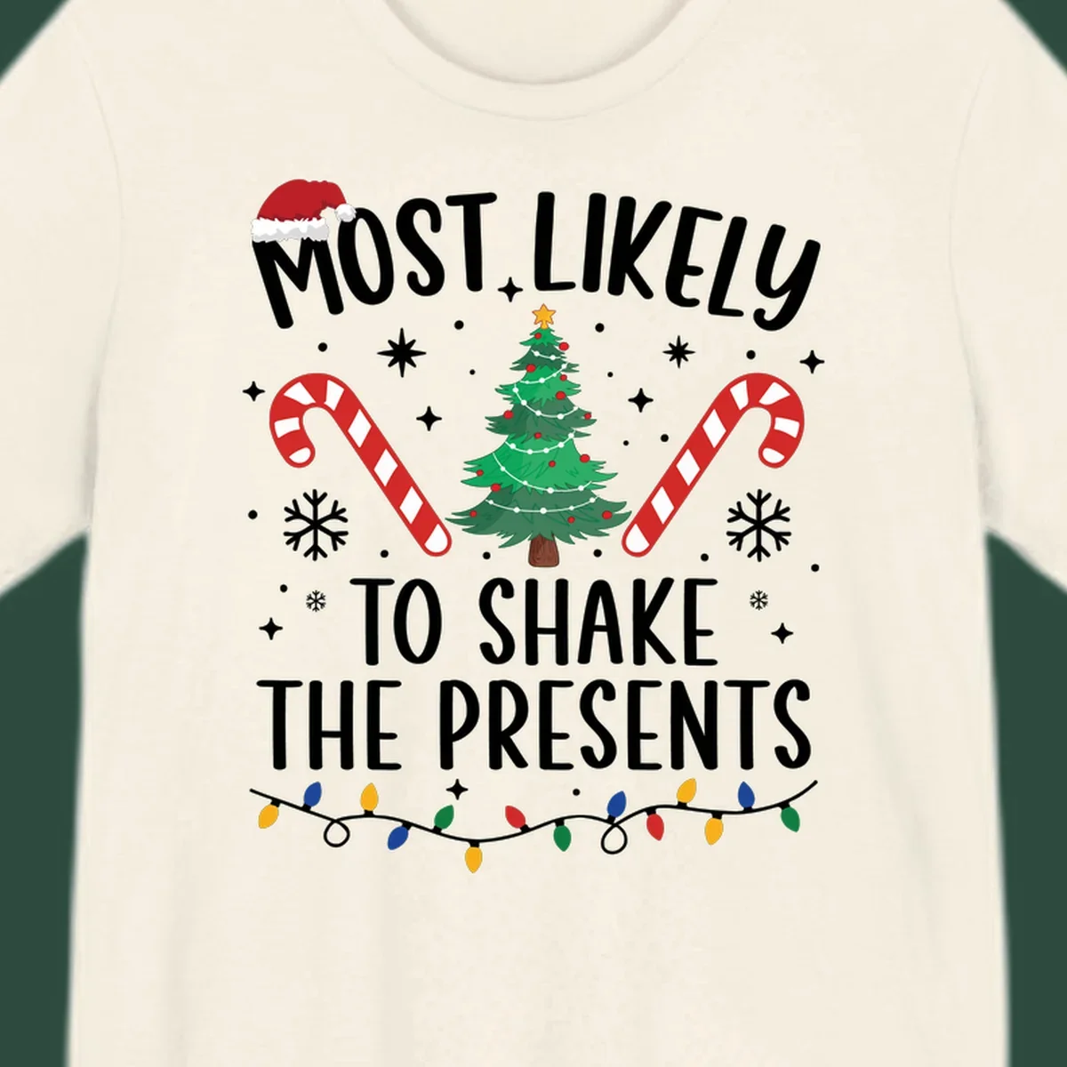 Christmas design with text "Most Likely To Shake The Presents", Santa hat, candy canes, tree, snowflakes, and lights.