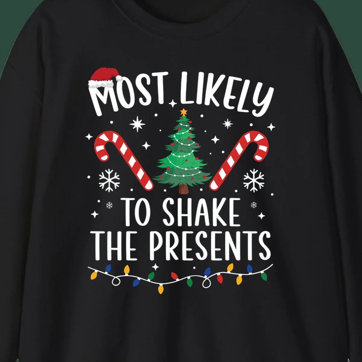 Christmas design with text "Most Likely To Shake The Presents", Santa hat, candy canes, tree, snowflakes, and lights.
