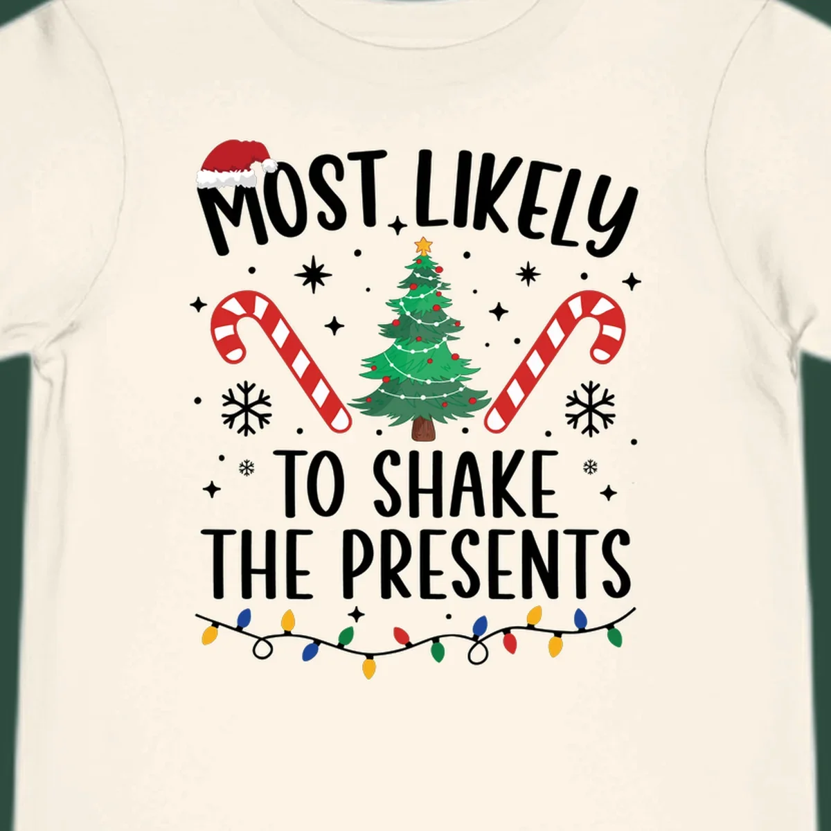 Christmas design with text "Most Likely To Shake The Presents", Santa hat, candy canes, tree, snowflakes, and lights.