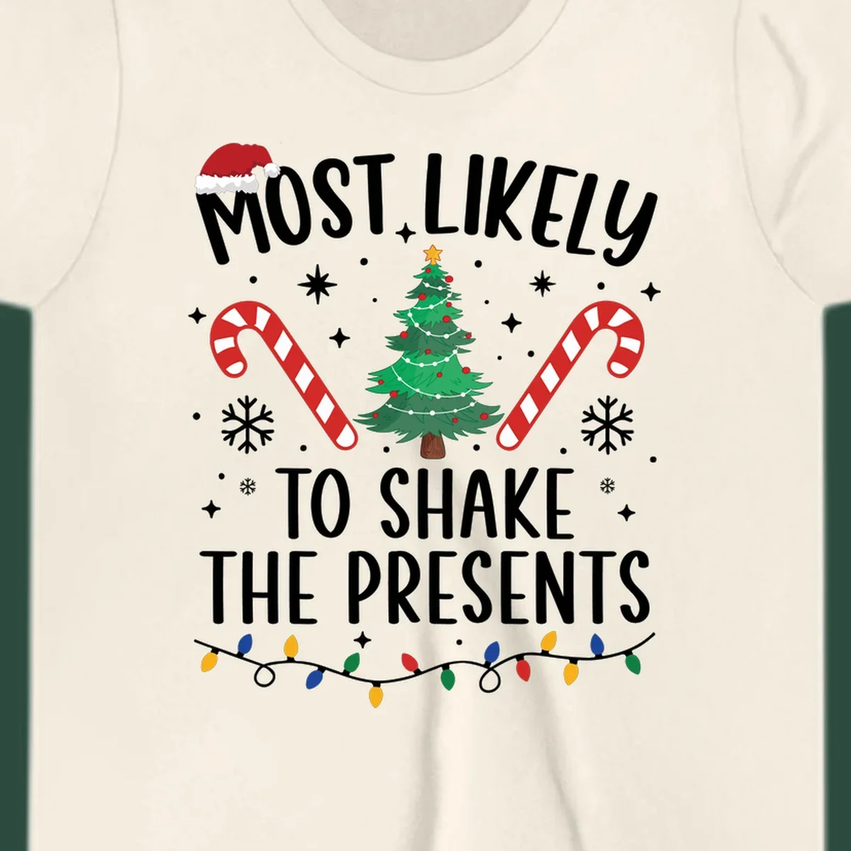 Christmas design with text "Most Likely To Shake The Presents", Santa hat, candy canes, tree, snowflakes, and lights.