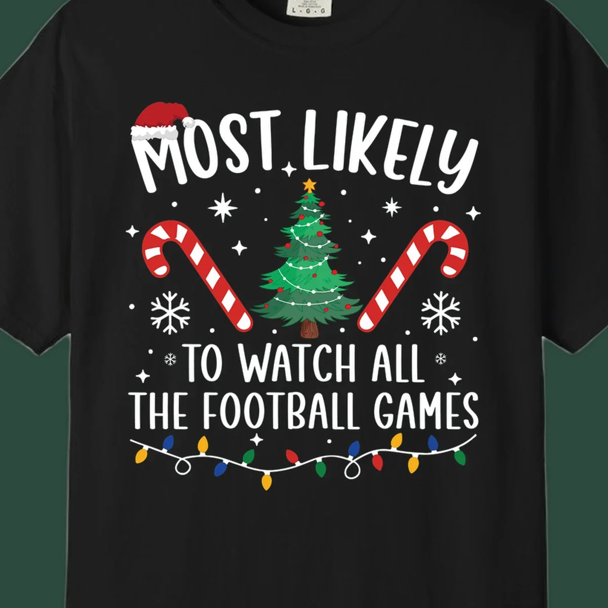 Football Christmas Crew design with text, Santa hat, candy canes, tree, and lights.