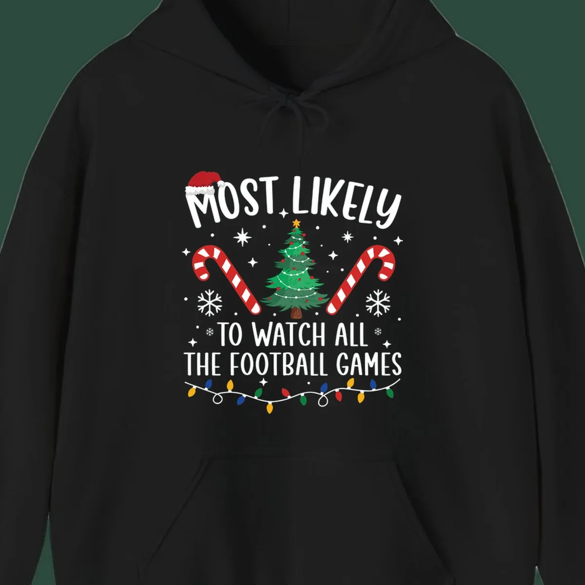 Football Christmas Crew design with text, Santa hat, candy canes, tree, and lights.