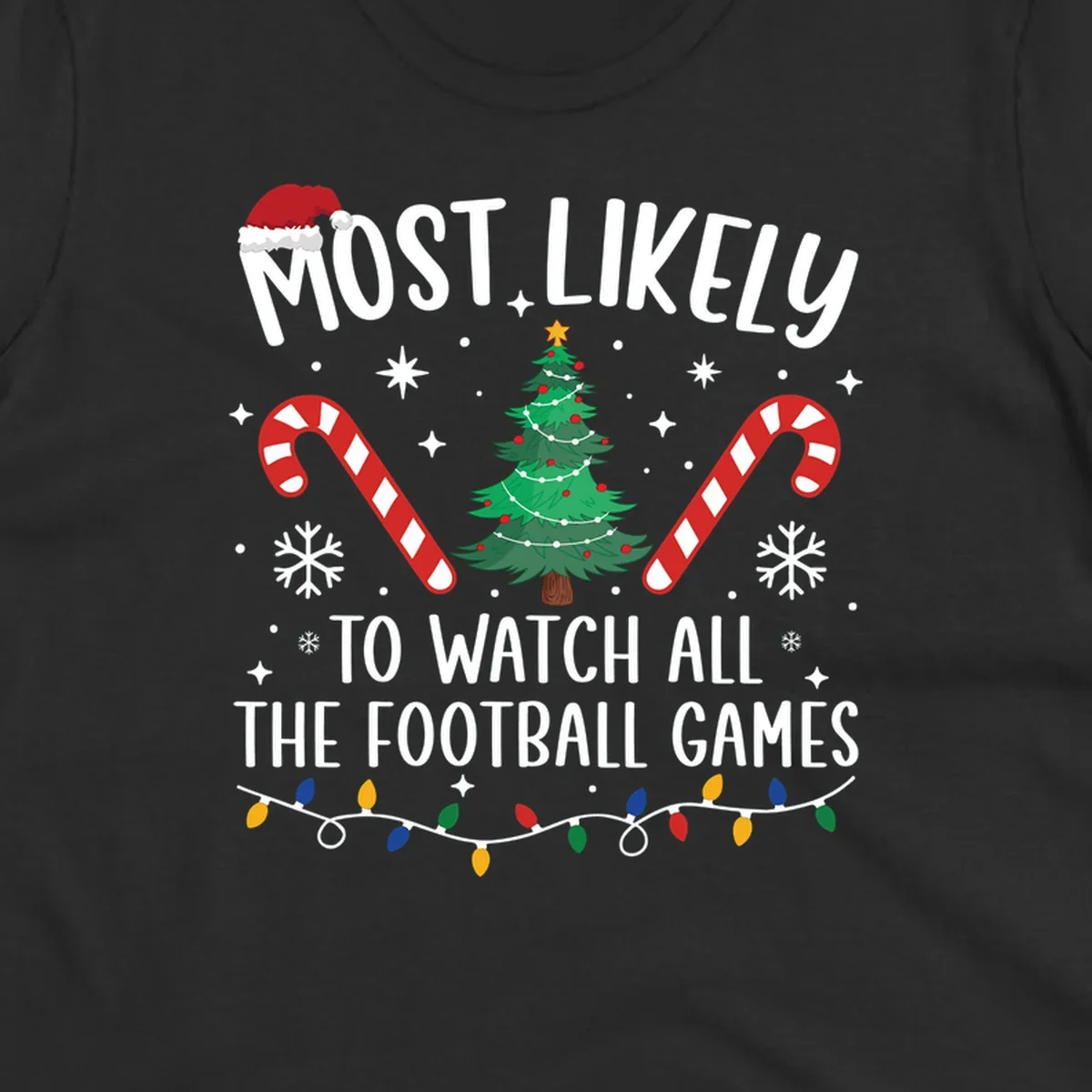 Football Christmas Crew design with text, Santa hat, candy canes, tree, and lights.
