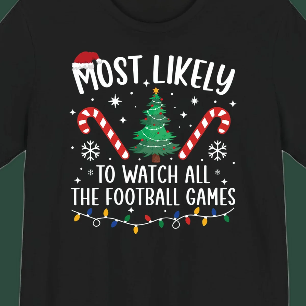 Football Christmas Crew design with text, Santa hat, candy canes, tree, and lights.