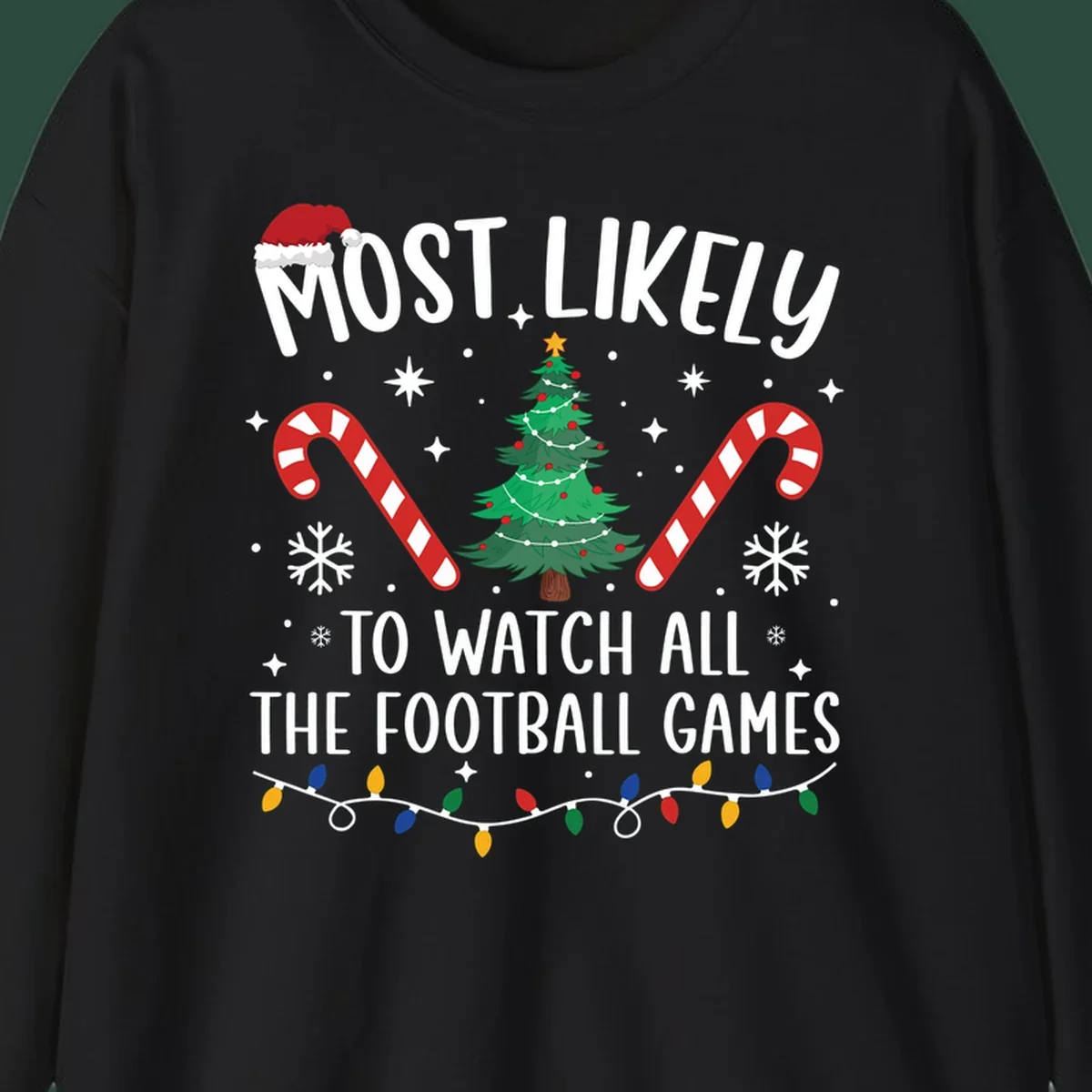 Football Christmas Crew design with text, Santa hat, candy canes, tree, and lights.