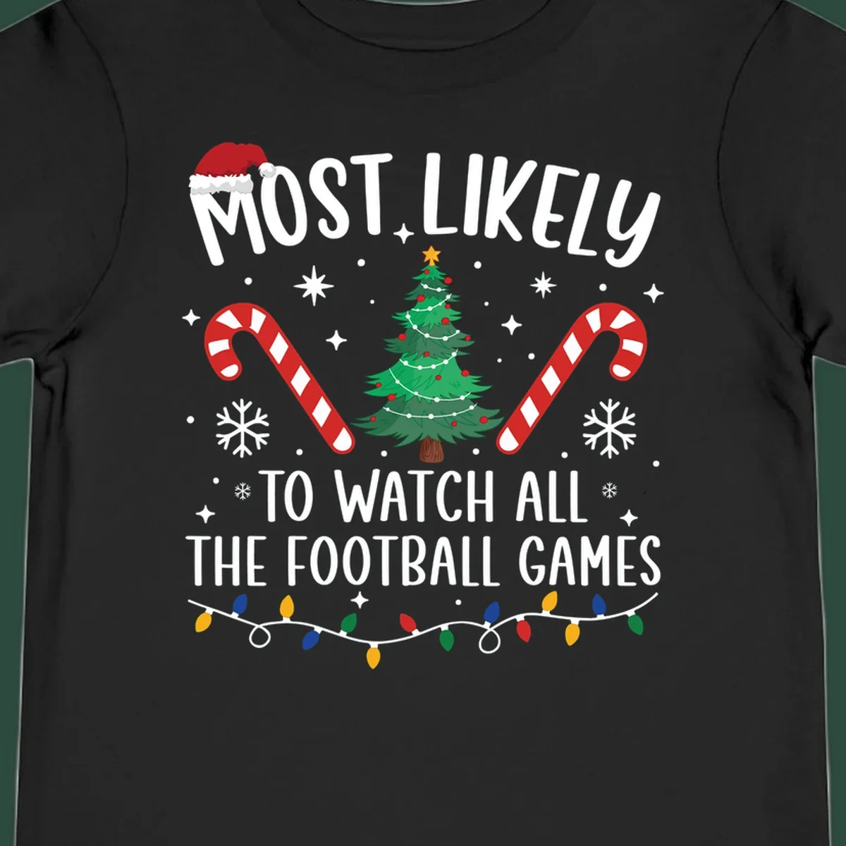 Football Christmas Crew design with text, Santa hat, candy canes, tree, and lights.