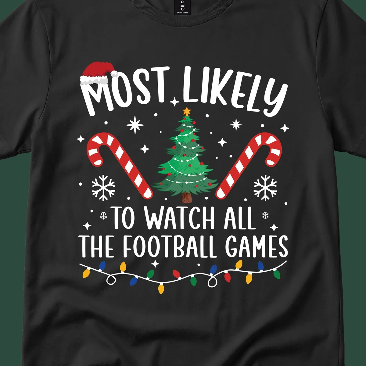 Football Christmas Crew design with text, Santa hat, candy canes, tree, and lights.