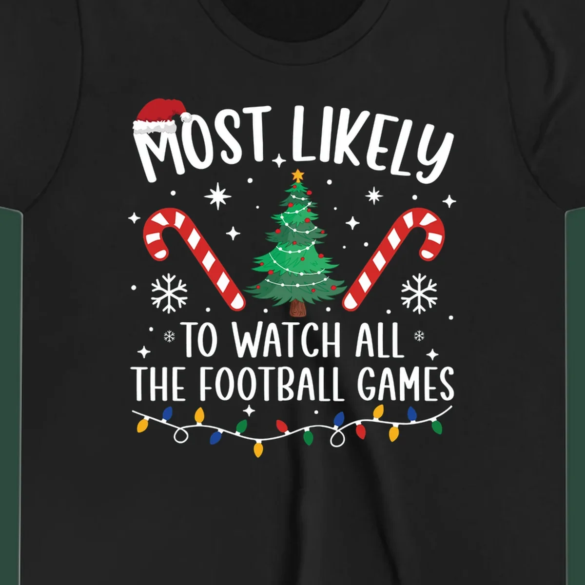 Football Christmas Crew design with text, Santa hat, candy canes, tree, and lights.