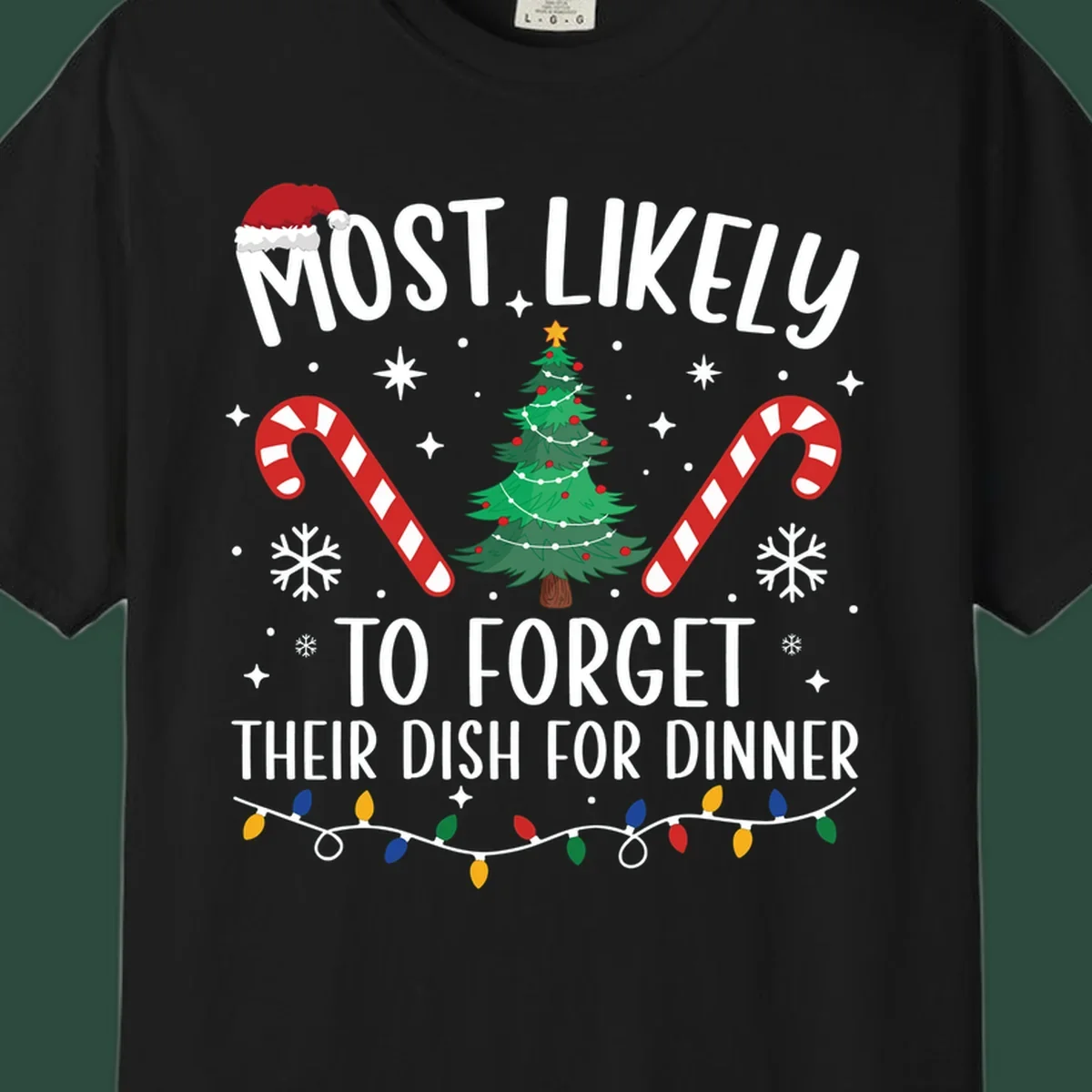Most Likely To Forget Their Dish Christmas design with text, tree, candy canes, and lights.