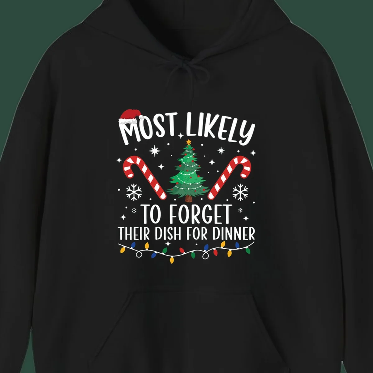Most Likely To Forget Their Dish Christmas design with text, tree, candy canes, and lights.
