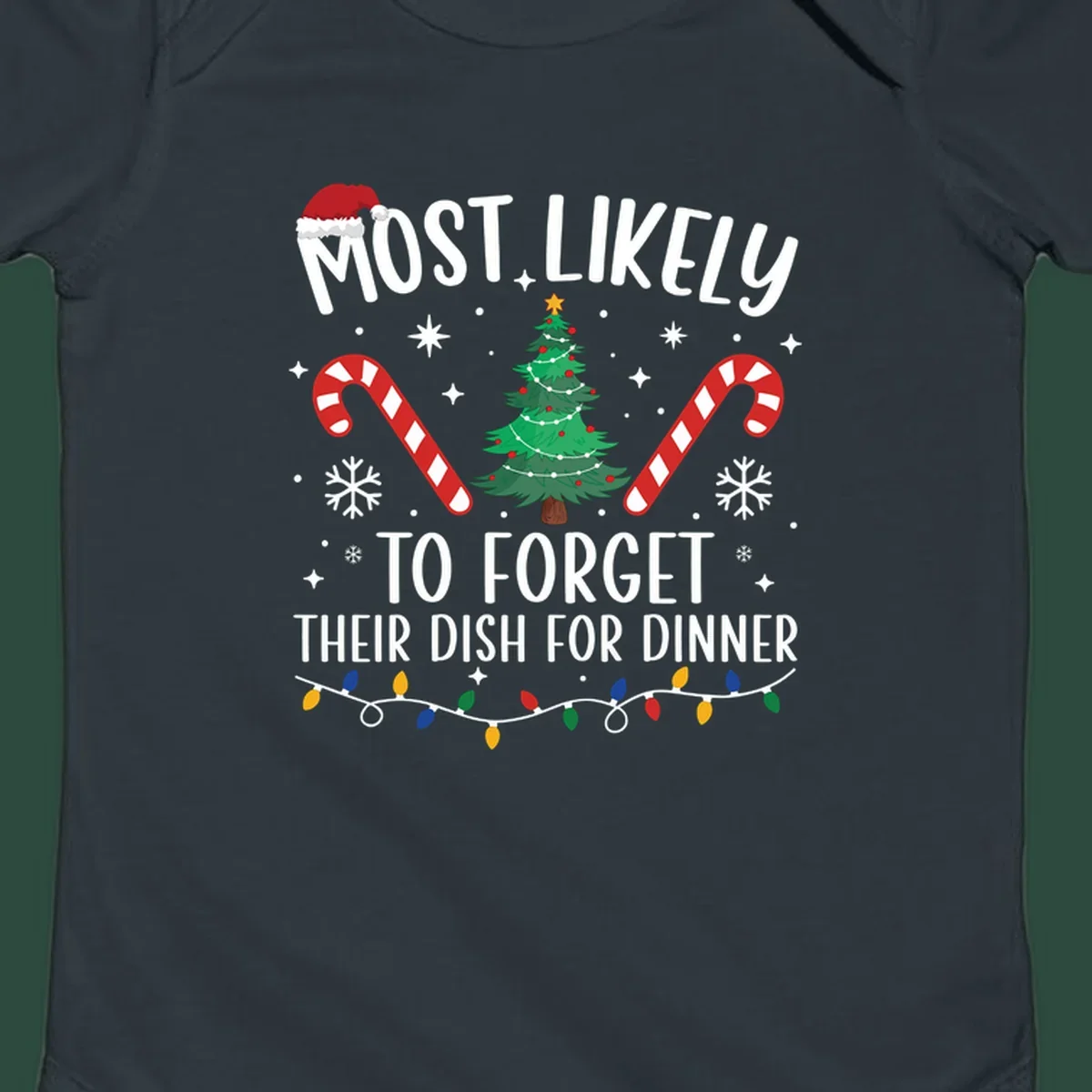 Most Likely To Forget Their Dish Christmas design with text, tree, candy canes, and lights.