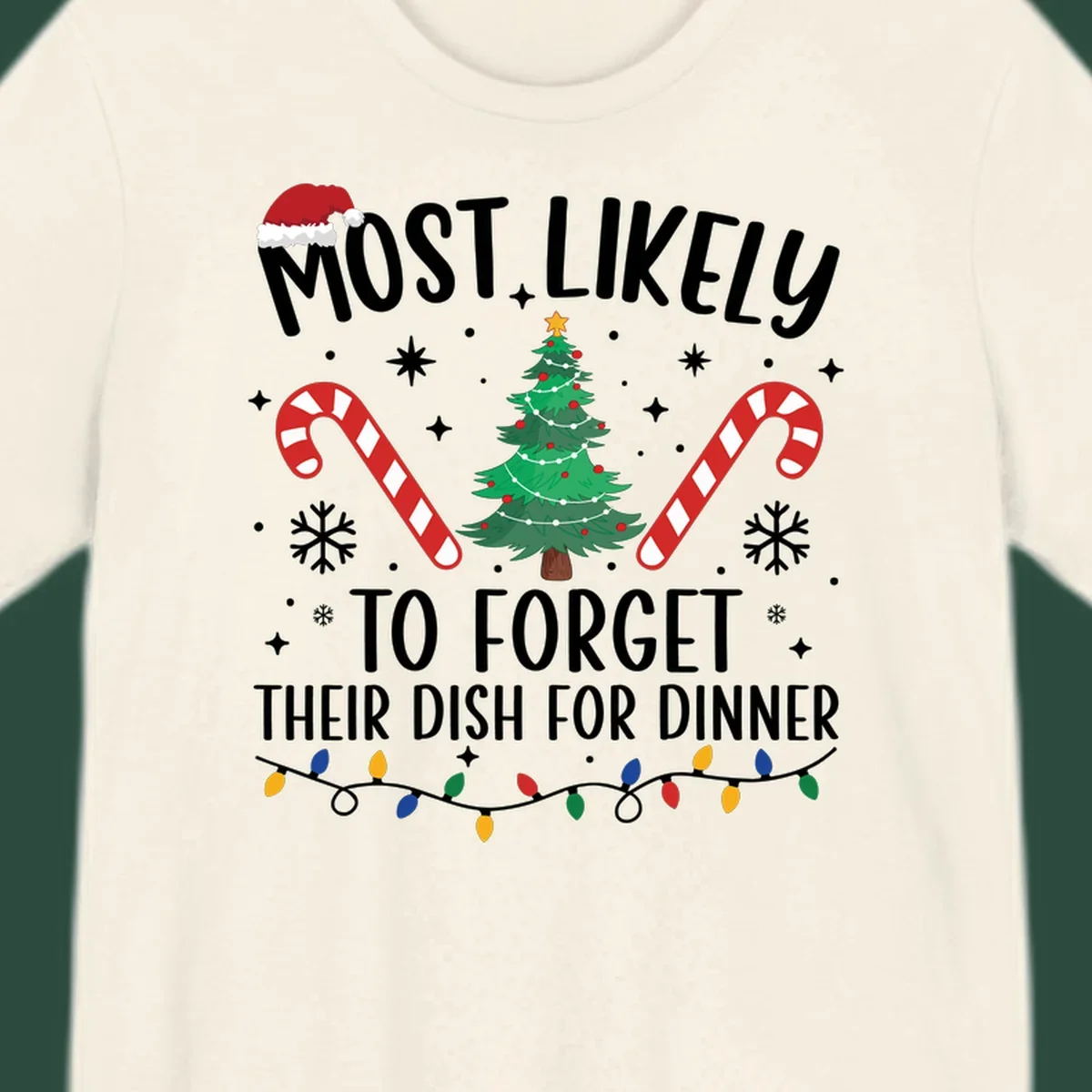 Most Likely To Forget Their Dish Christmas design with text, tree, candy canes, and lights.