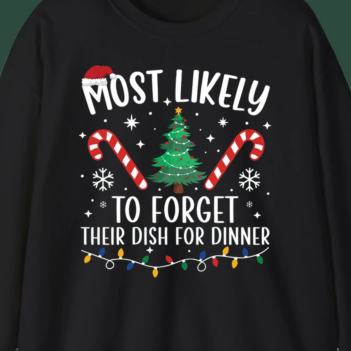 Most Likely To Forget Their Dish Christmas design with text, tree, candy canes, and lights.
