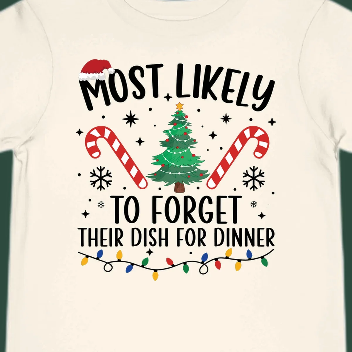 Most Likely To Forget Their Dish Christmas design with text, tree, candy canes, and lights.