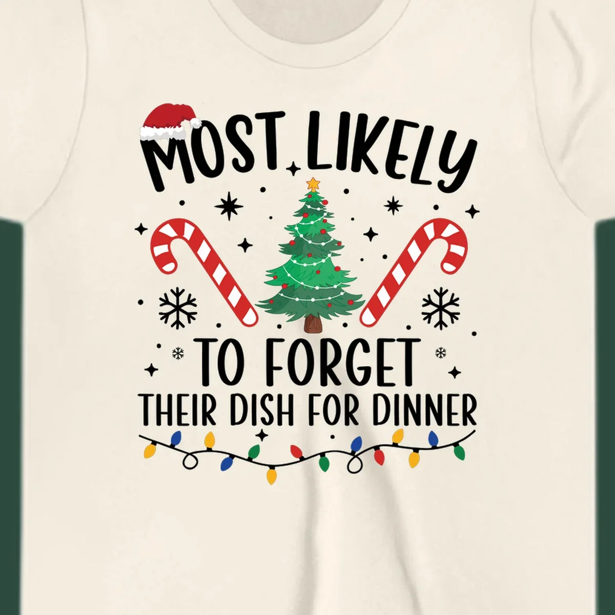 Most Likely To Forget Their Dish Christmas design with text, tree, candy canes, and lights.