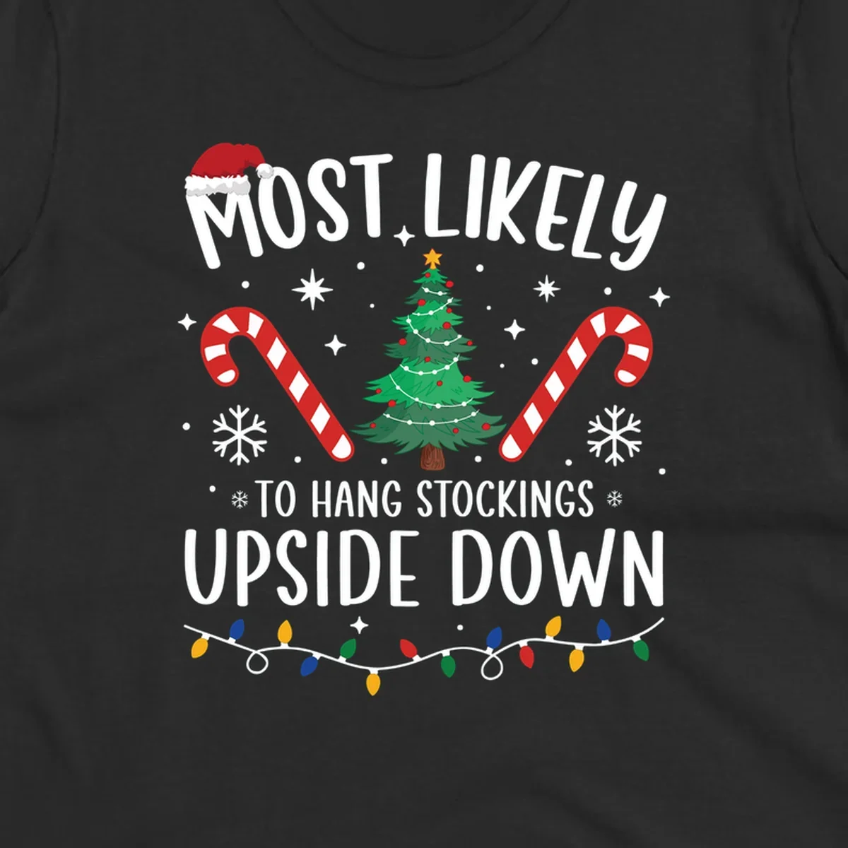 Most Likely To Hang Stockings Upside Down Christmas graphic with tree, candy canes, and Santa hat.