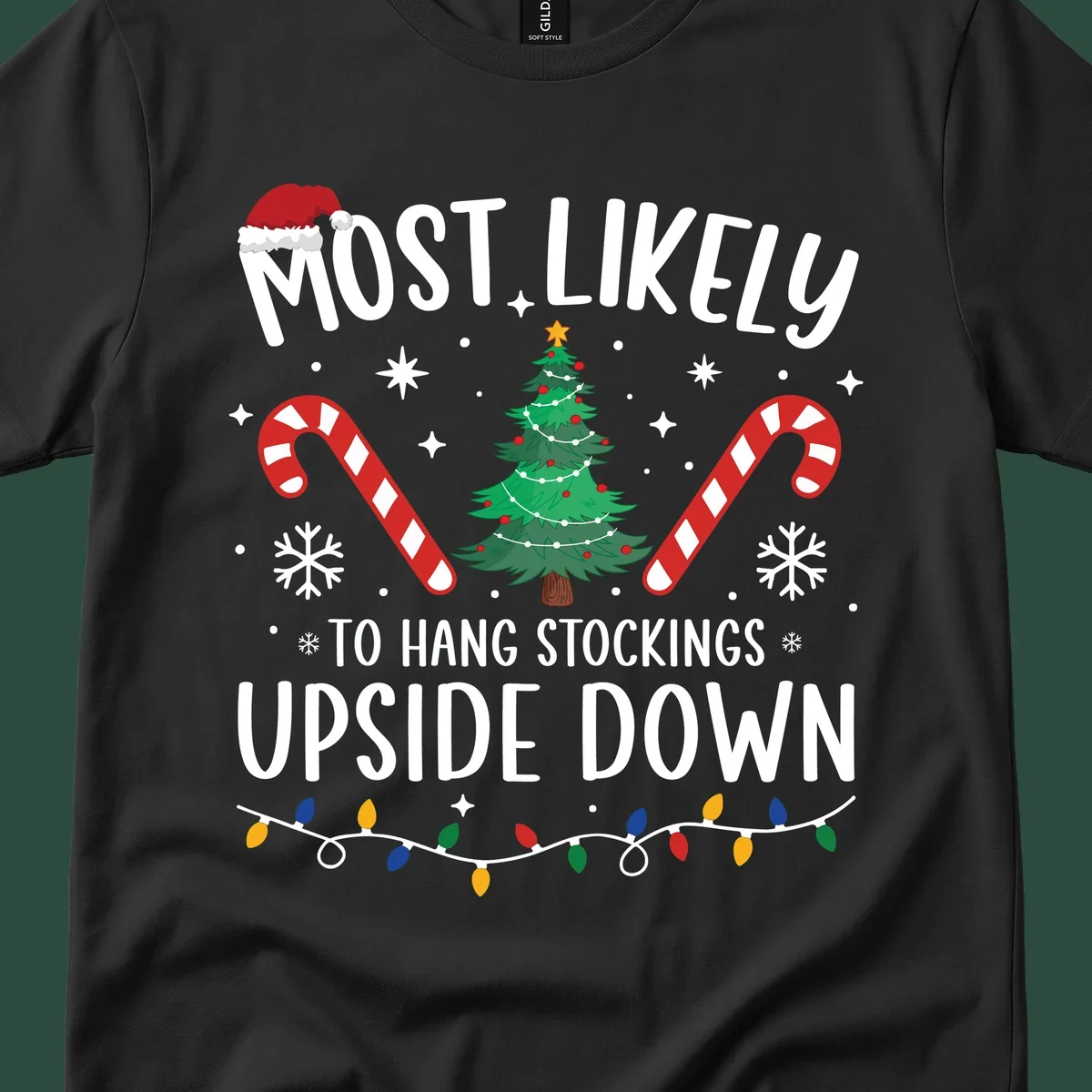 Most Likely To Hang Stockings Upside Down Christmas graphic with tree, candy canes, and Santa hat.