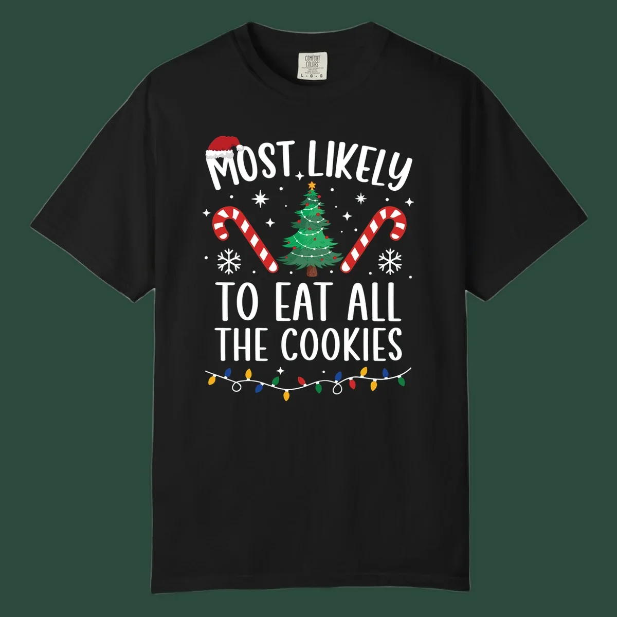 Most Likely To Eat All The Cookies Christmas graphic with tree and candy canes.