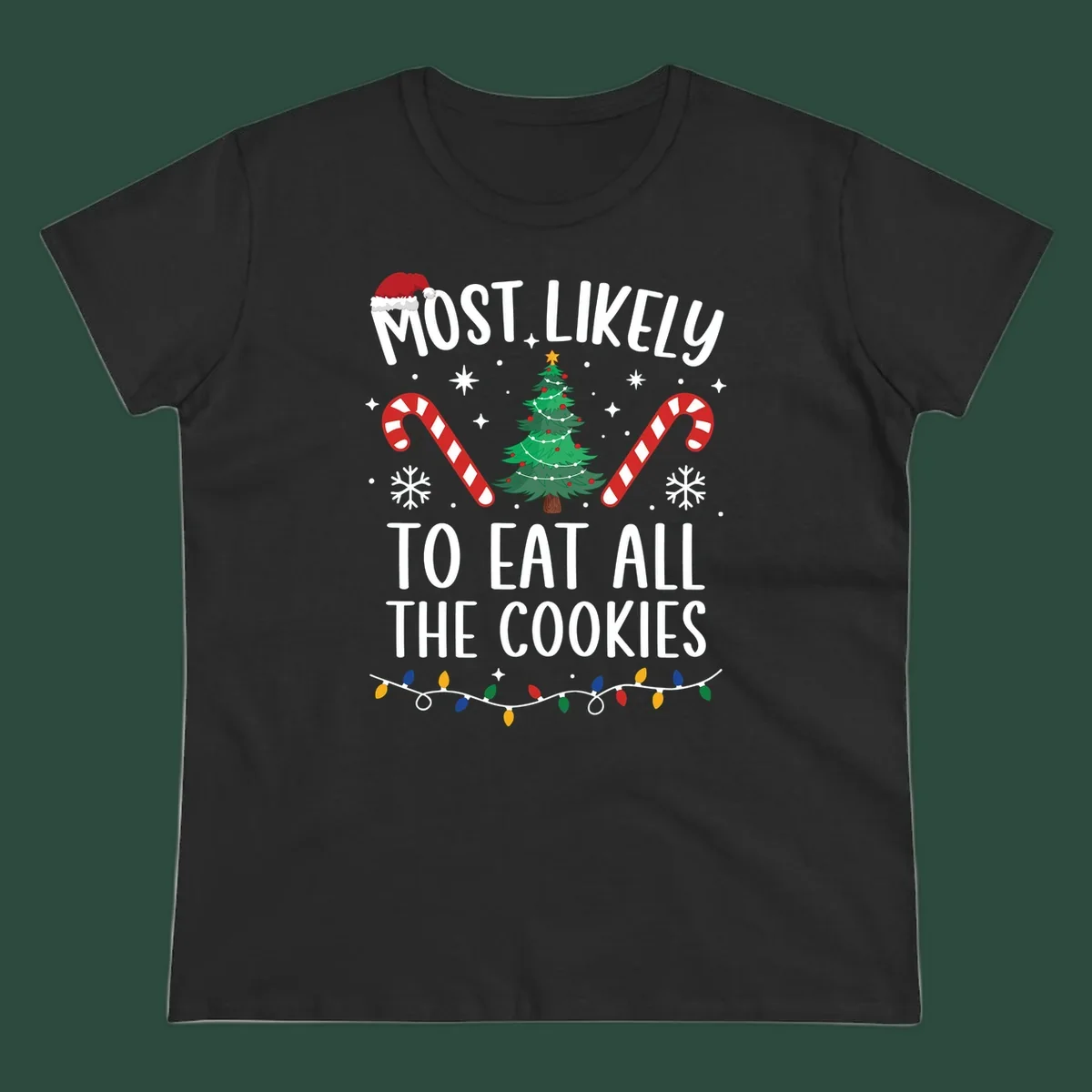 Most Likely To Eat All The Cookies Christmas graphic with tree and candy canes.