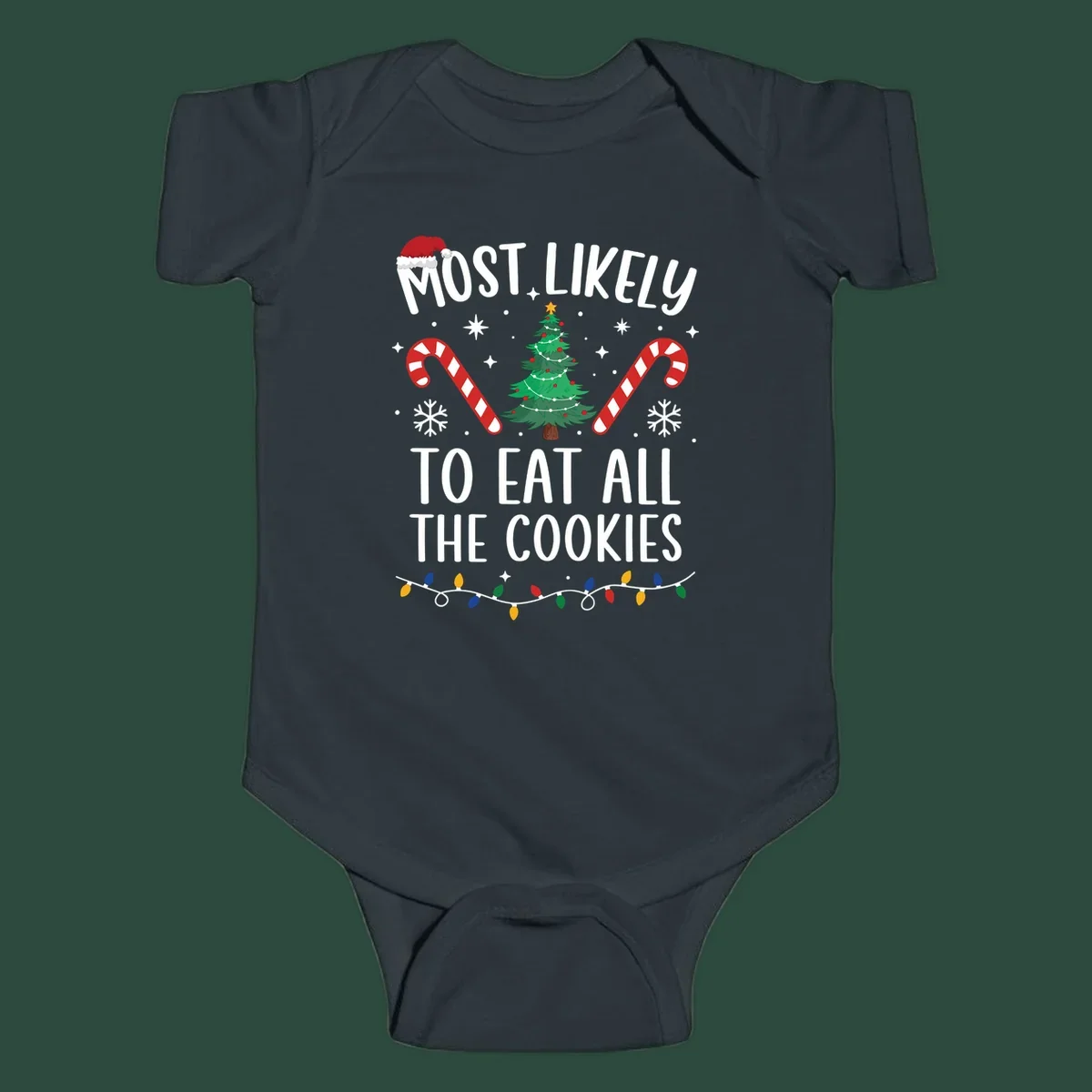 Most Likely To Eat All The Cookies Christmas graphic with tree and candy canes.