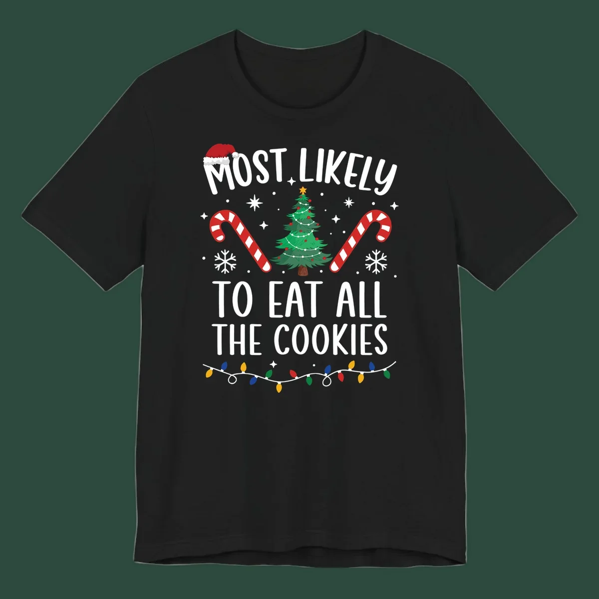 Most Likely To Eat All The Cookies Christmas graphic with tree and candy canes.