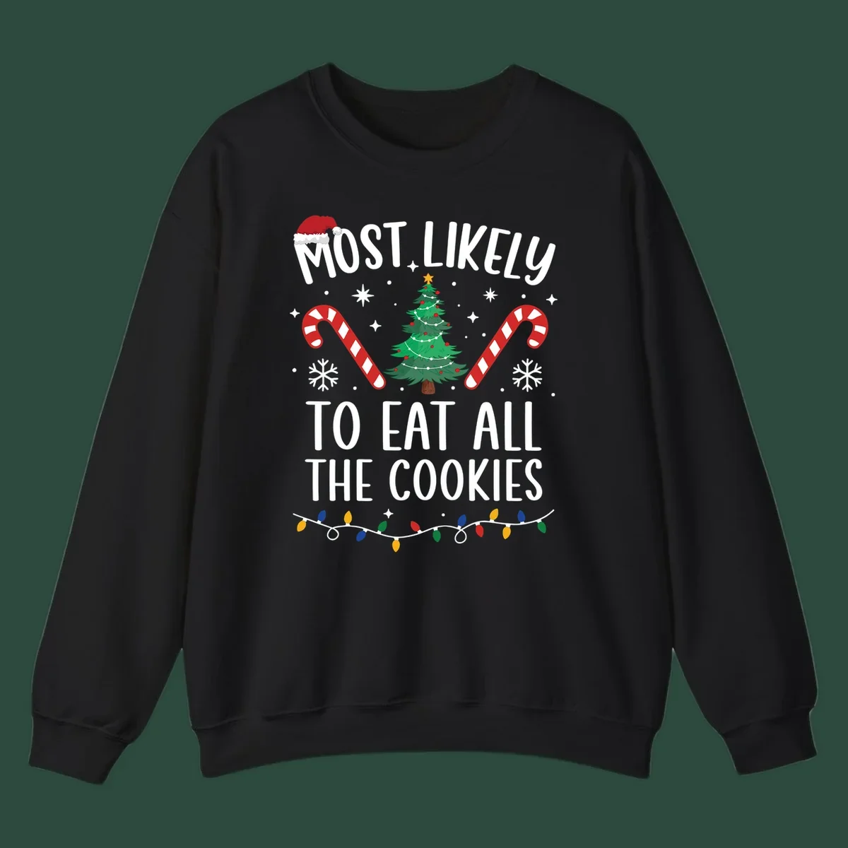Most Likely To Eat All The Cookies Christmas graphic with tree and candy canes.
