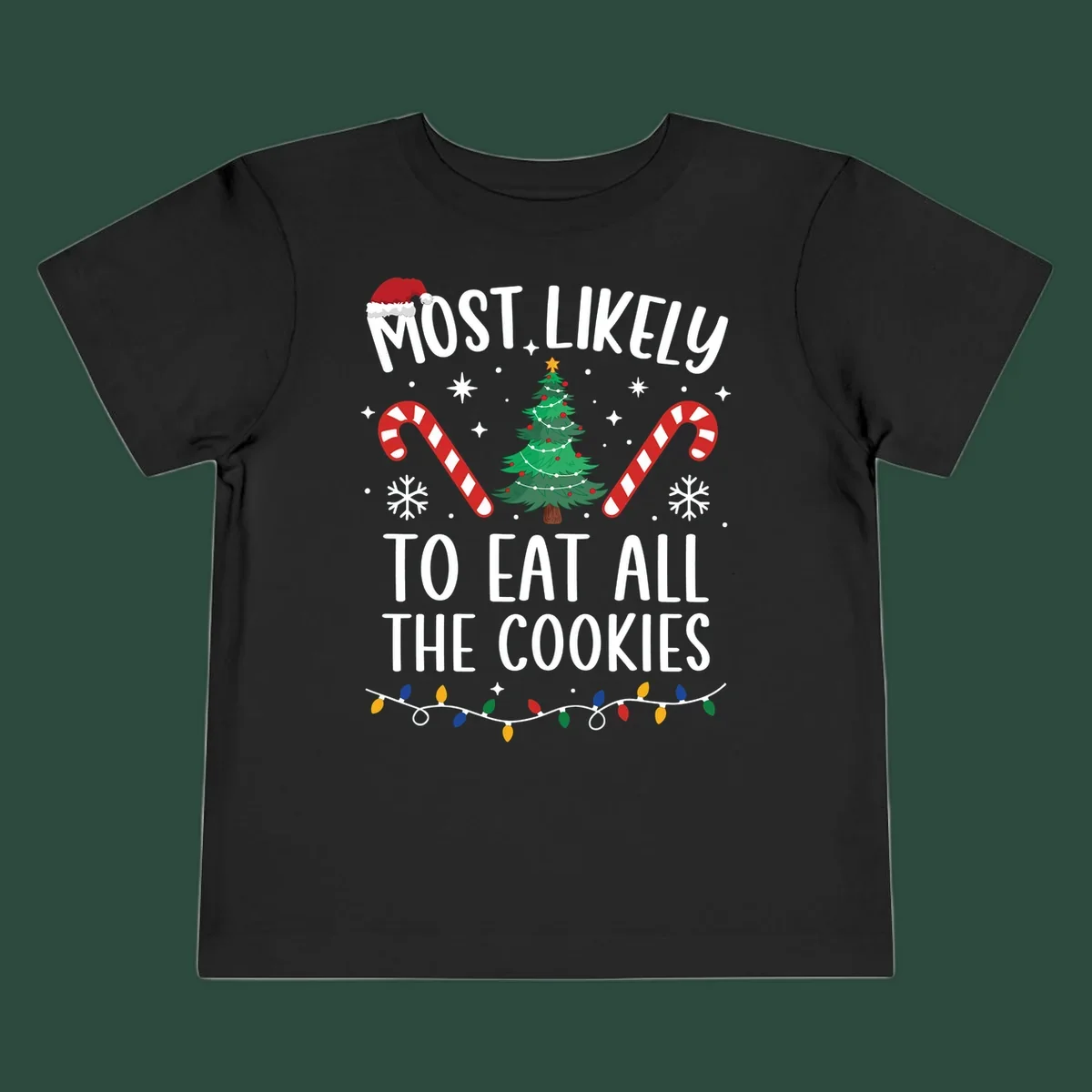 Most Likely To Eat All The Cookies Christmas graphic with tree and candy canes.